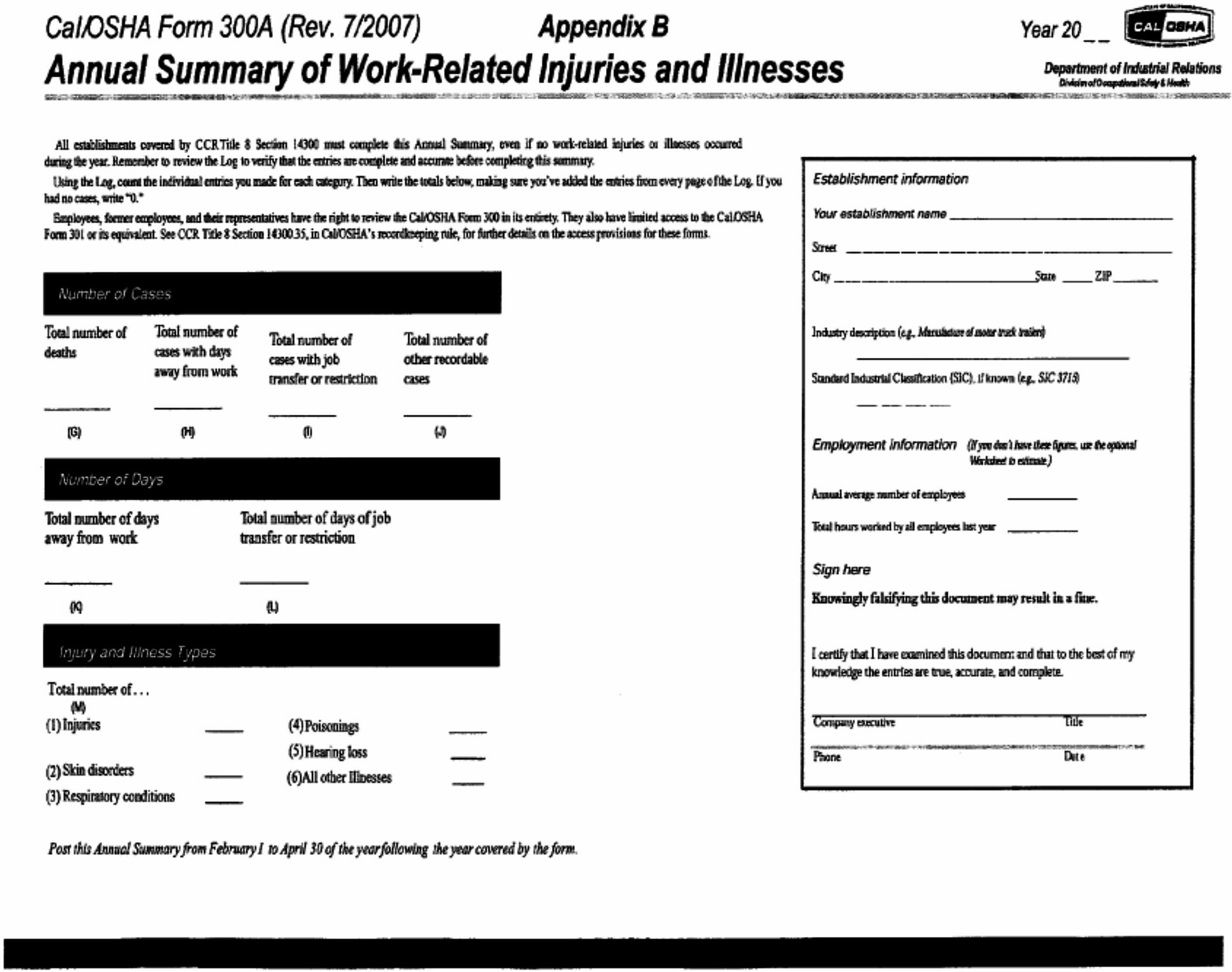 Image 1 within Appendix B Cal/OSHA Form 300A (Rev. 7/2007) Annual Summary of Work-Related Injuries and Illnesses